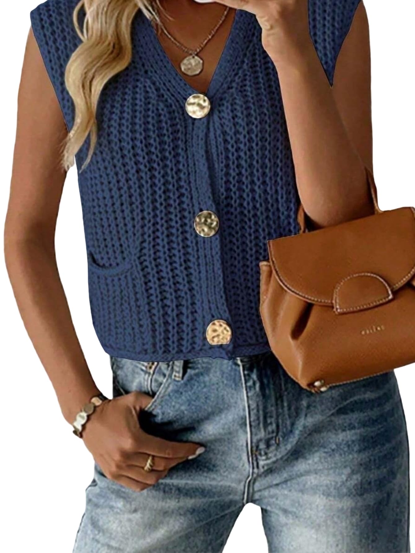 Wolddress Womens Sleeveless Sweater Vests New V-Neck Fashionable Elegant Ribbed Knitted Cardigan Sweaters Vest