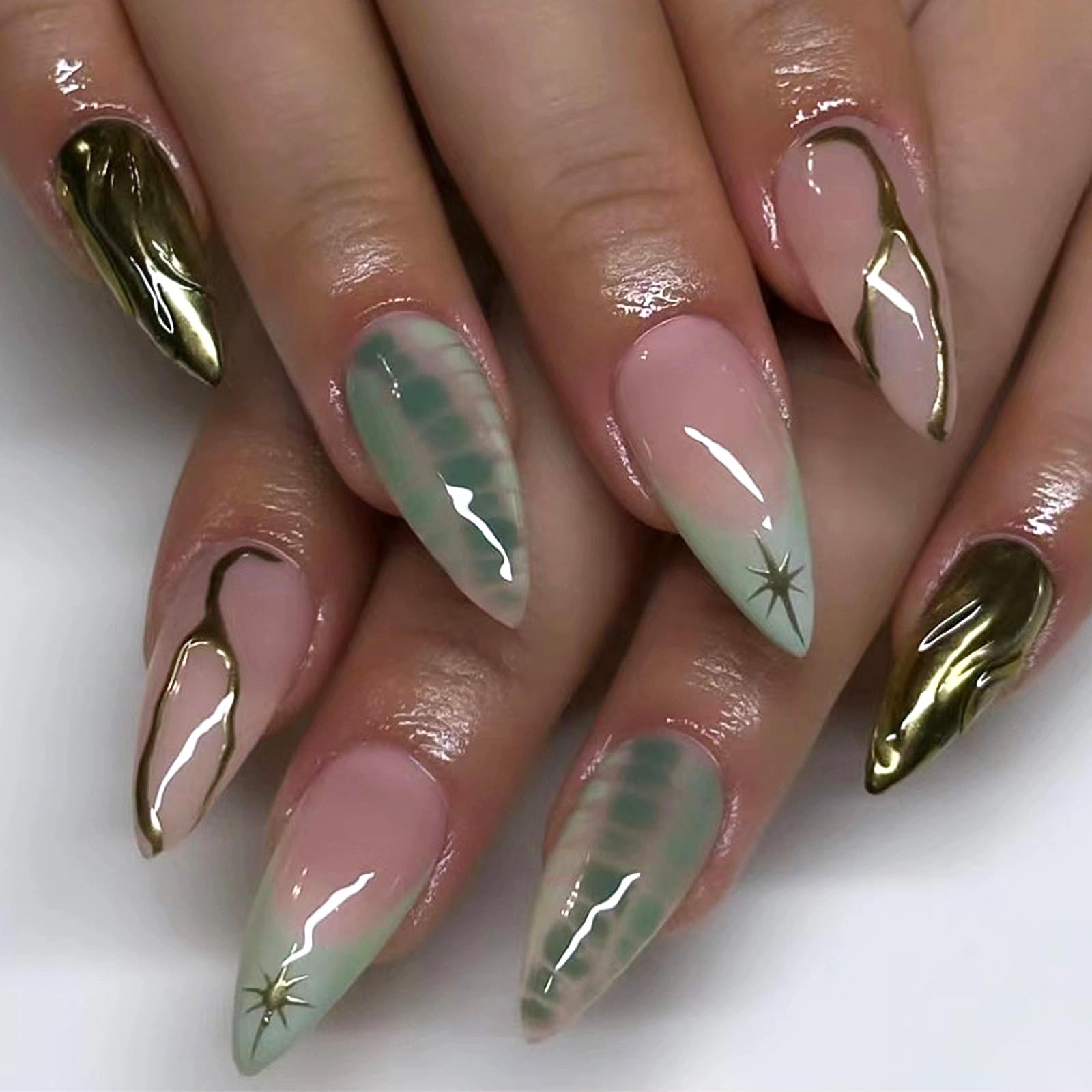 MERVF Almond Press on Nails Medium Fake Nails Light Green French Tip Stiletto Glue ons with 3D Gold Design Star Luxury Goth Acrylic Nail 30pcs Glossy