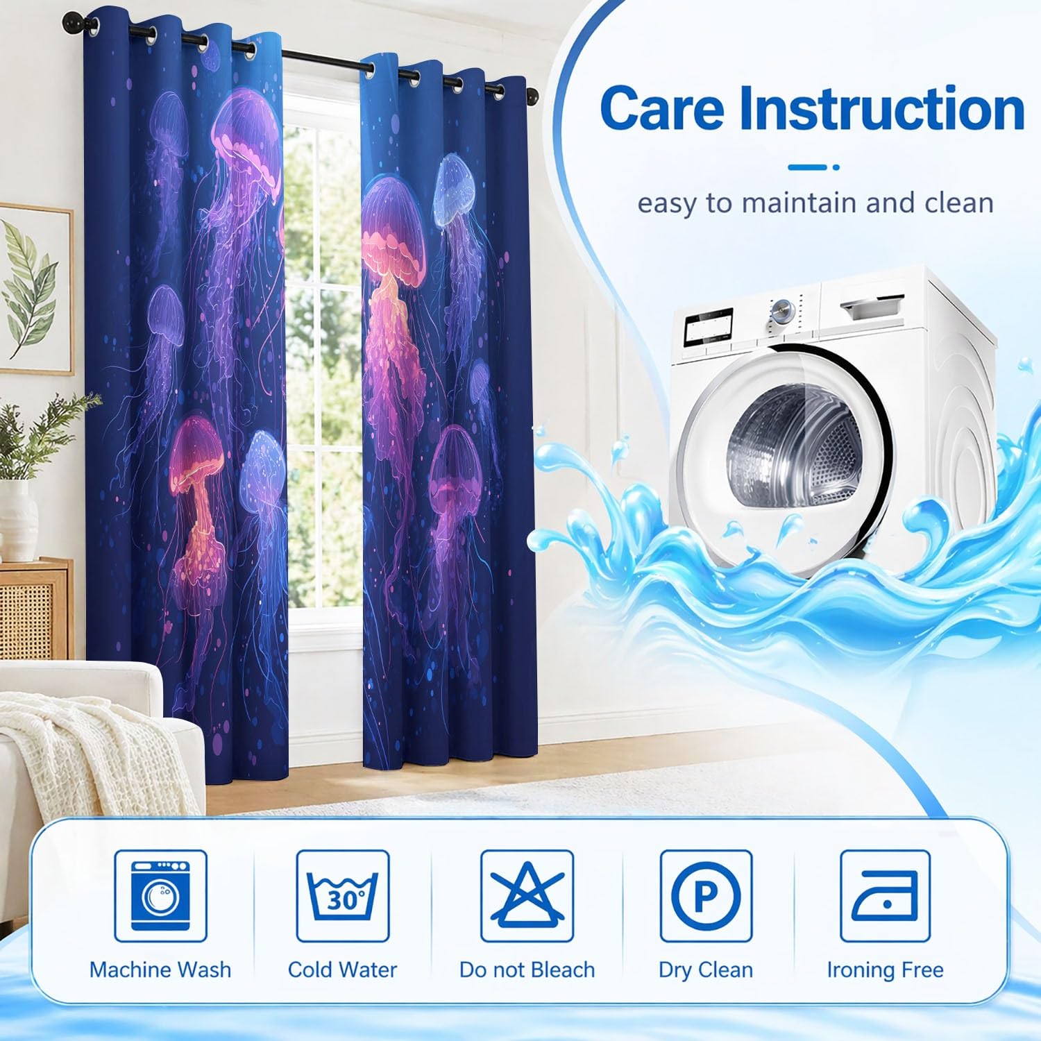 Générique Rideaux Occultants Isolants 117L X 137H cm, Méduse bioluminescente, poussière étoile Bleue Rideaux Thermiques pour Chambre et Salon, Nautique Mystique Phoniques, Rideaux à Œillets