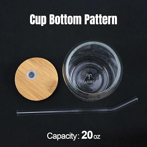 Miniatura 6 de Aries - Tazas de café helado de 20 onzas  Tazas de vidrio con tapas y pajitas  Vaso de vidrio de constelación de astronomía con tapa de bambú y