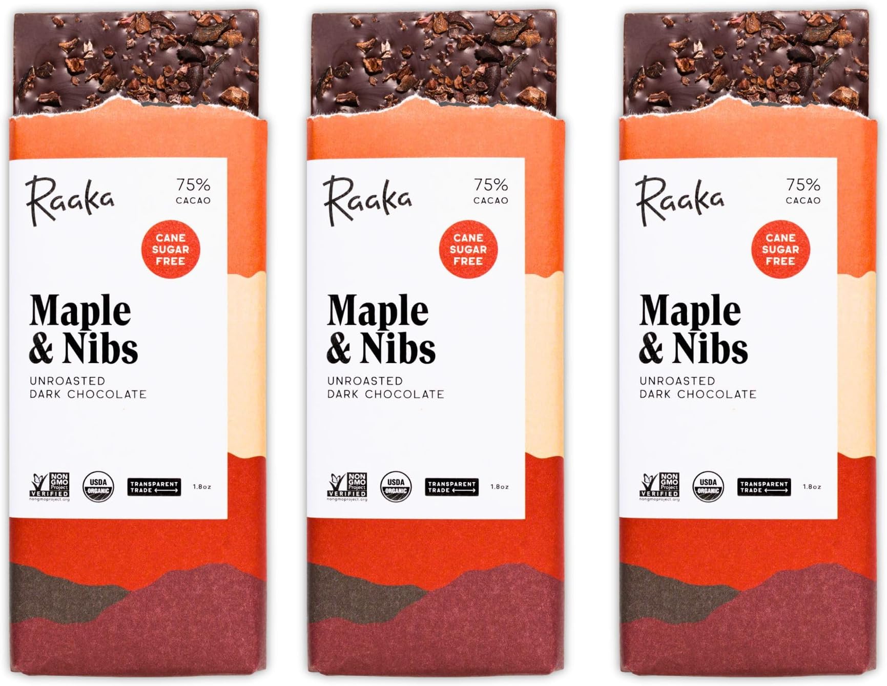 Chocolate Maple & Nibs, 75% Cacao Dark Chocolate | Gourmet Dark Chocolate Gift | Organic, Paleo, Vegan, Fair Trade, Soy Free, Non GMO, Gluten Free, Kosher | 1.8oz Bars, 3-Pack