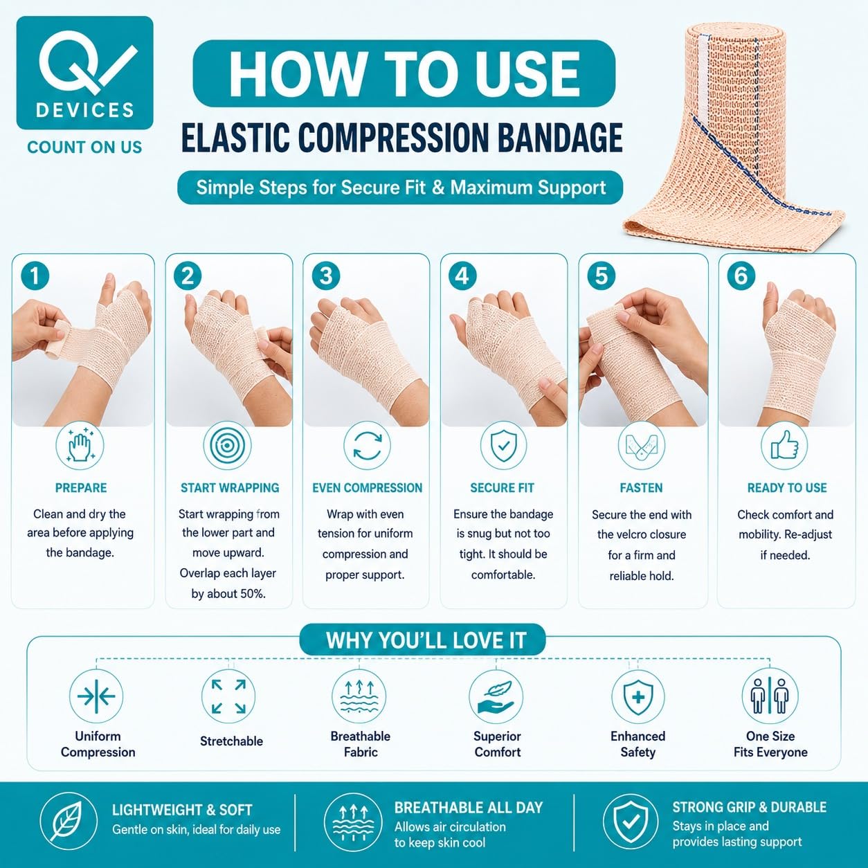Q DEVICES Elastic Compression Bandage, 10cm x 4m, Pack of 2 — Amazon image 4