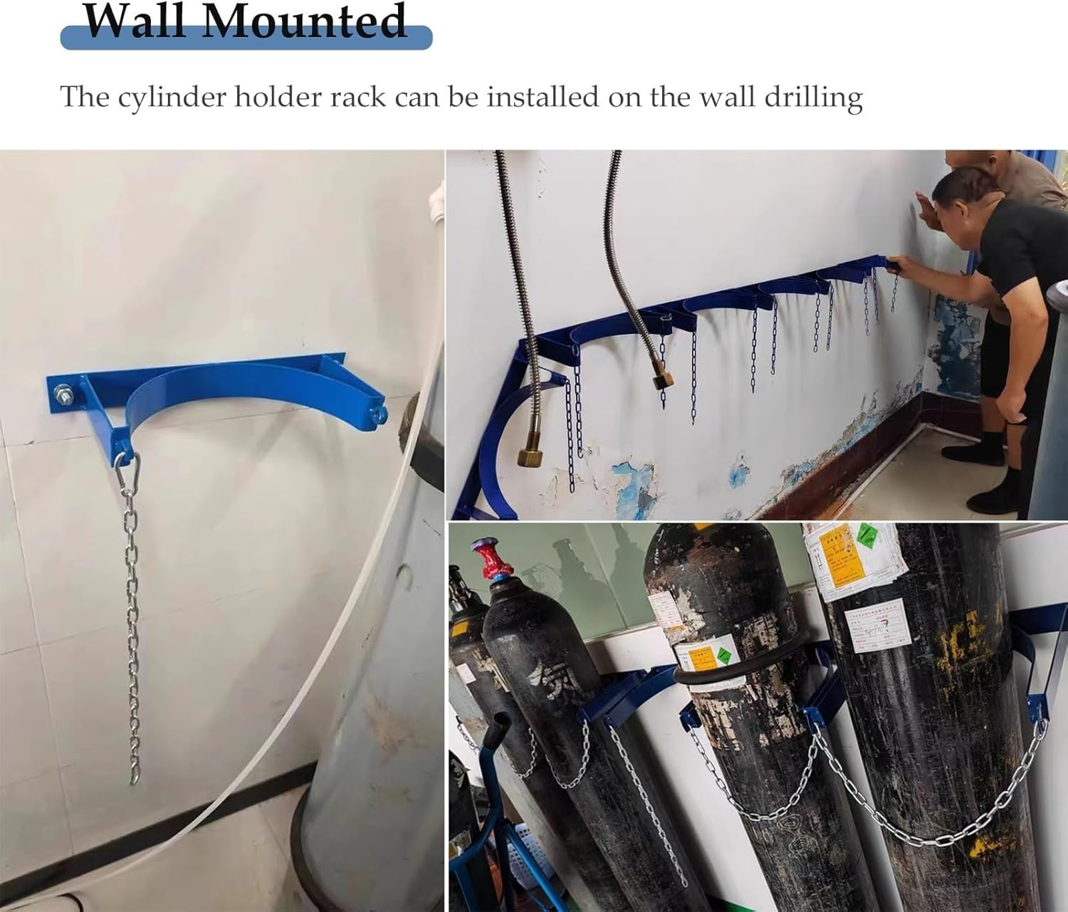Soporte de Pared para bombonas de oxígeno - Soporte Resistente para Tanques de Gas con Cadenas de Seguridad para bombonas de O2, nitrógeno y acetileno - Perforado previamente para una fácil