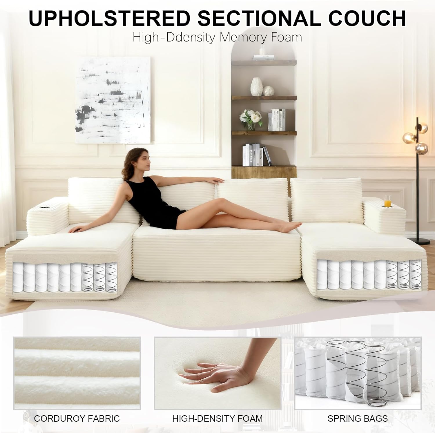 132 Inch Cloud Sectional Couch with Cup Holder, Modern Oversized 4-Seater U-Shaped Boneless Couch with Deep Seat, Modular Corduroy Couches for Living Room, No Assembly Required,Beige