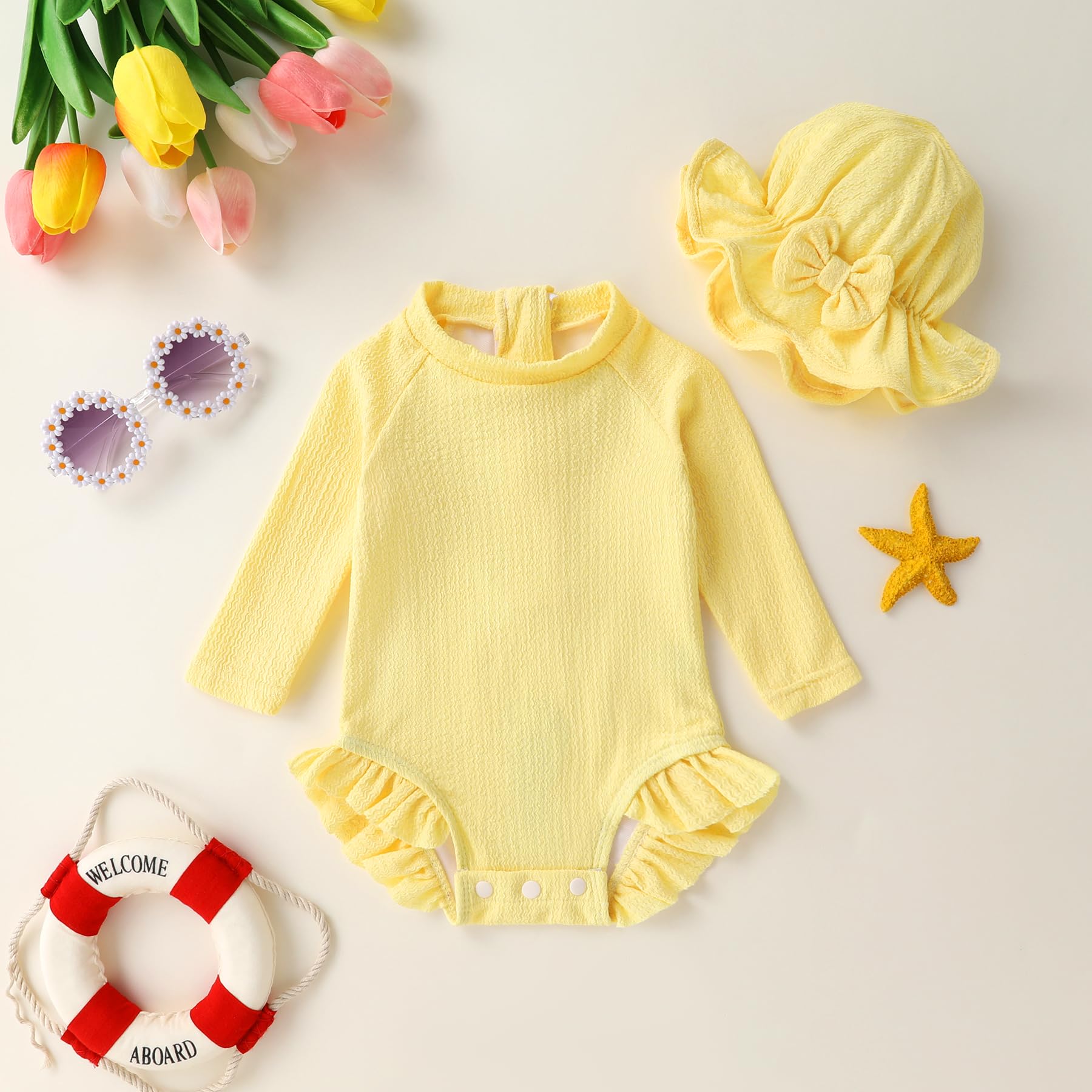 YOUNGER TREE Infant Baby Girls Long Sleeve Swimsuit One Piece Swimsuit Solid Color Bathing Suit with Hat, UPF 50+?Bright Yellow, 6-12 Months?