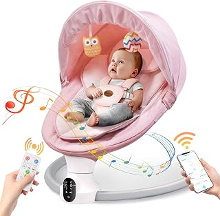 Baby Swing for Infants - Electric Baby Rocker with Exclusive App Function, Upgraded 5 Point Harness, Bluetooth Support, 10 Preset Lullabies and 5 Speeds, Portable Swing for Baby Boy Girl（Pink）