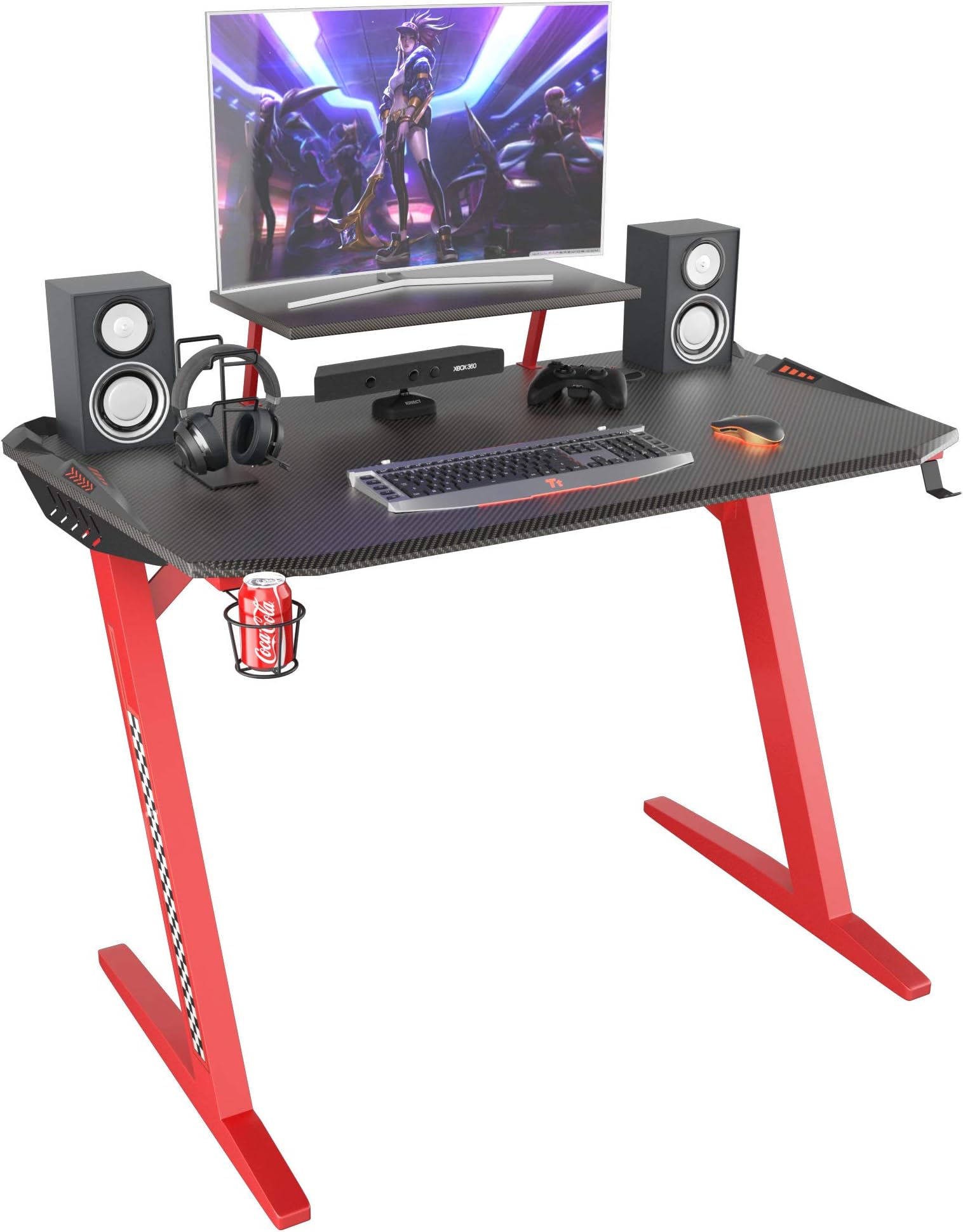 Computer Gaming Desk 47 inch with Monitor Shelf Office Computer Table Desk with Cup Holder Headphone Hook and Cable Management Drawer Gamer Workstation Game Table，Coleshome,Red
