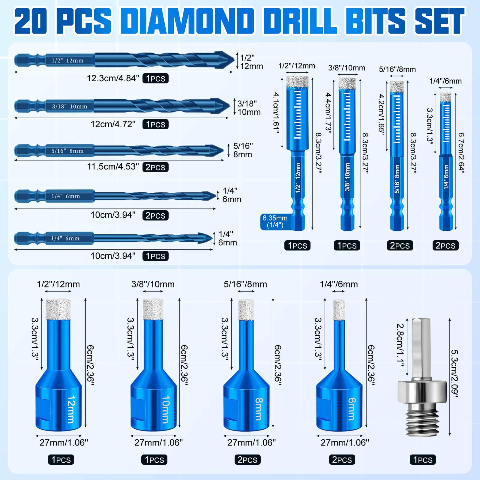 Juego de 20 brocas de diamante para azulejos, 6 brocas para azulejos de 6/8/10/12 mm + 1 abridor de agujeros de 6 mm, 6 unidades M6/M14 6/8/10/12 mm, adaptador 1 M8, para mármol, baldosas de cerámica