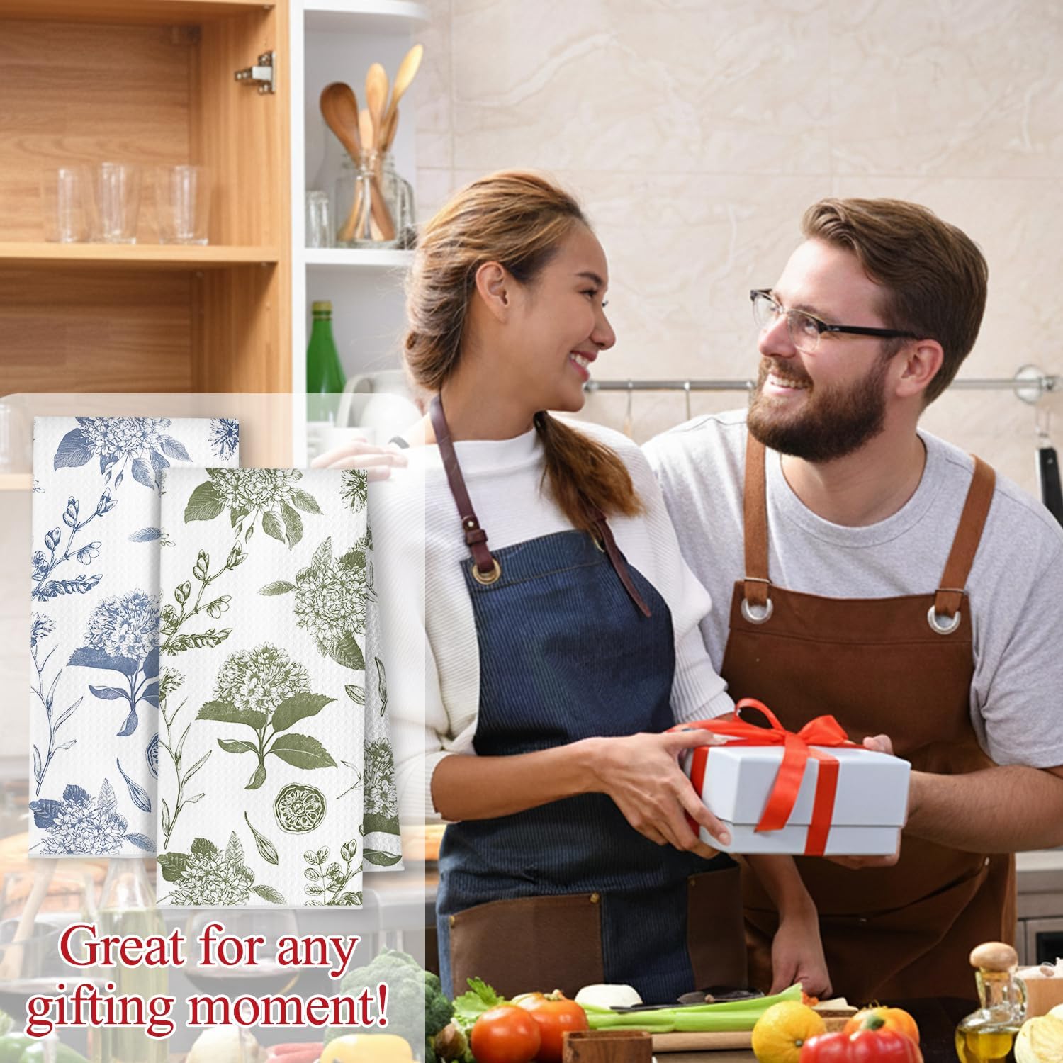 Blue Green Chinoiserie Hydrangea Floral Kitchen Towels, Cottagecore Rustic Flower Dish Tea Towels, Vintage Toile Botanical Decorative Hand Towel for Bathroom Kitchen, 16x24 Inch Set of 2 - Image 5