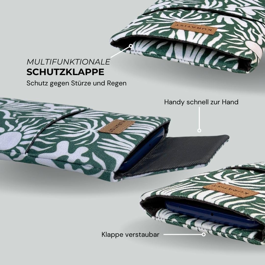 AHOI Padded Cotton Phone Sleeve with Flap Opening - Handmade Phone Case Compatible with iPhone 13/14/15 Pro, iPhone 13/14/15, Galaxy S22, and Other (up to 6.1 inches) (Botanical Escape)