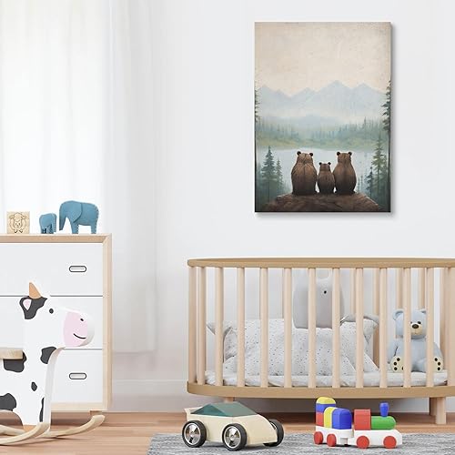Miniatura 3 de Lienzo decorativo para pared con diseño de oso rústico, estampado de animales del bosque, decoración de pared de guardería de bosques, decoración de
