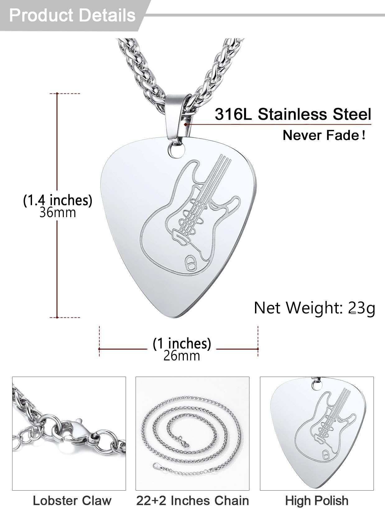 U7 Collana Uomo Ciondolo Chitarra Plettro, 8 Stili Musica Collana Plettro con Chitarra, Argento/Nero/Oro Collana Uomo Acciaio, Collana da Rapper Bambino Chitarristi Rock, Gioielli Personalizzati
