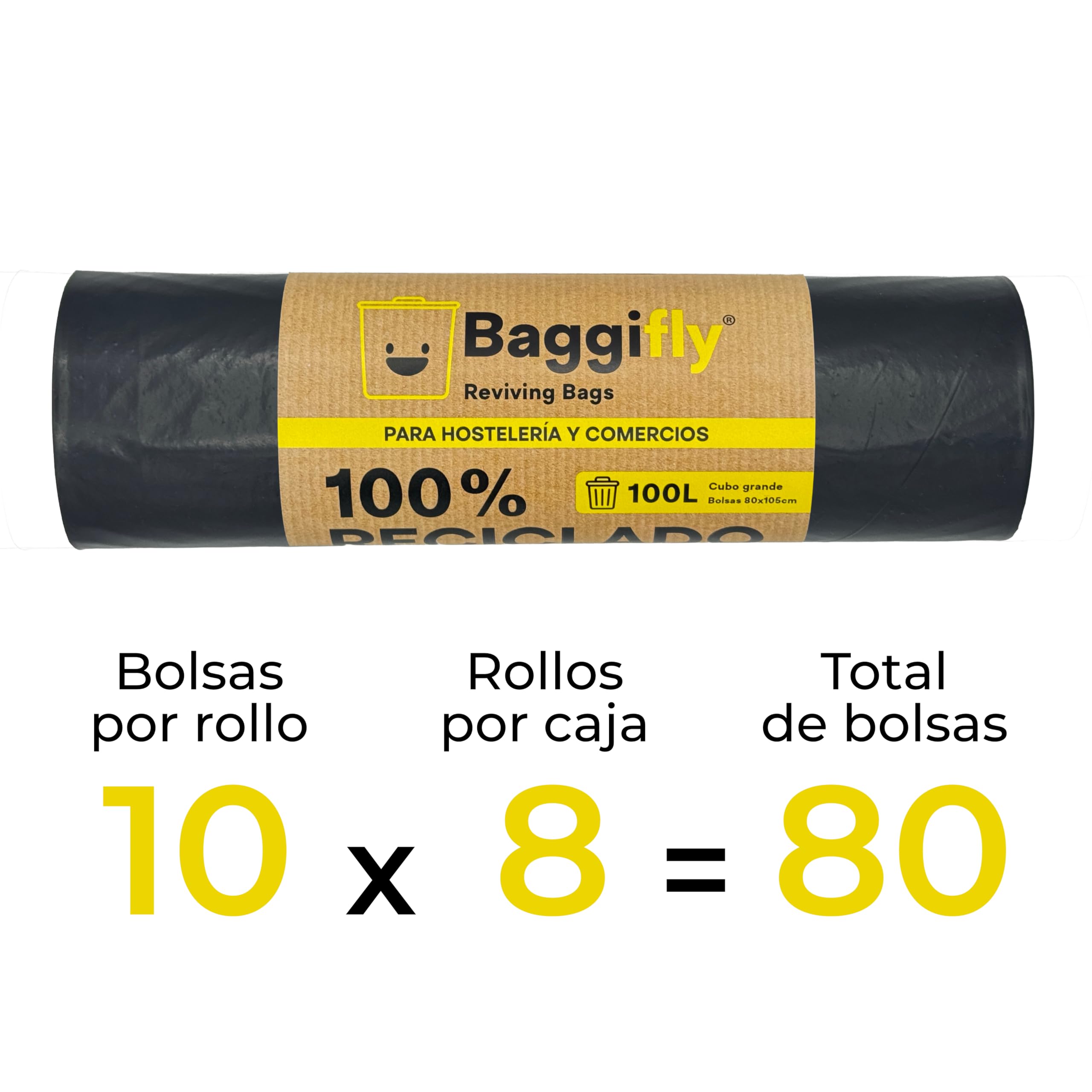 Baggifly, worki na śmieci 100 l, 80 super wytrzymałych torebek, w 100% z recyklingu, przyjazne dla środowiska, hotelarstwo, sklepy i ogrodnictwo, opakowanie 8 x 10, wyprodukowano w Hiszpanii