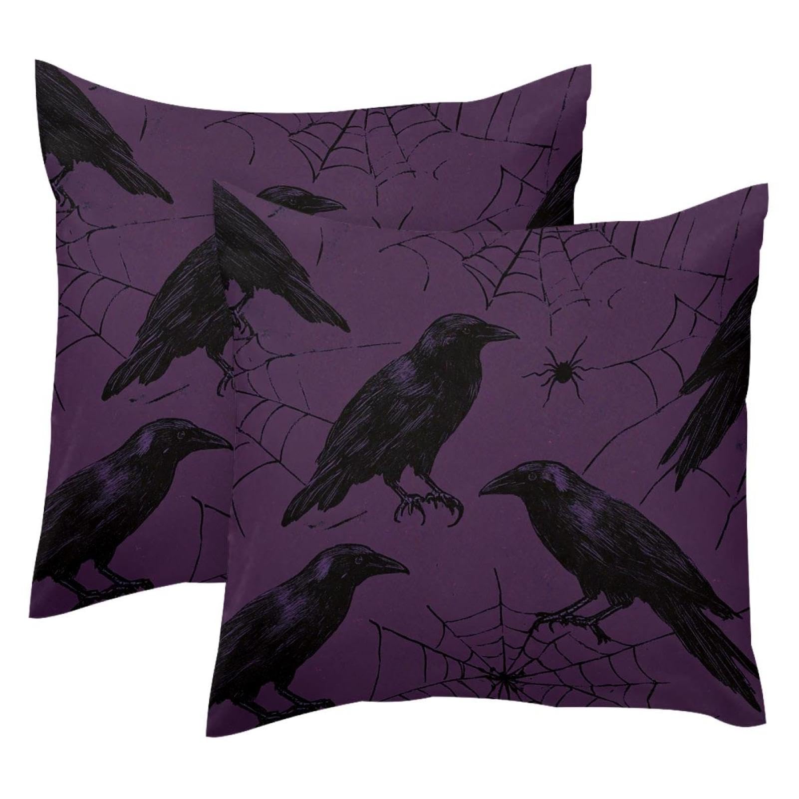 Housse de coussin corbeau noir et toile d'araignée en velours pour sublimer votre canapé