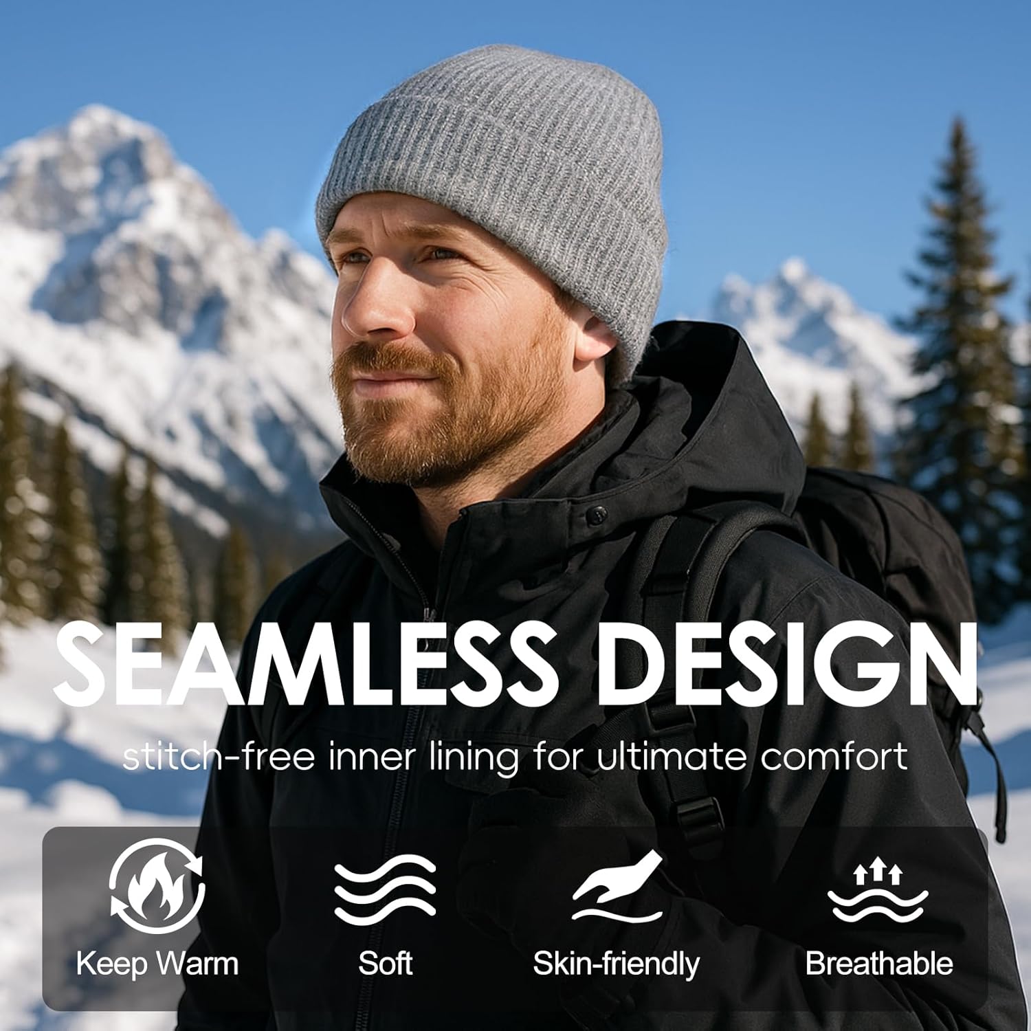 M/L/XL/XXL Merino Wool Beanie for Men, Plus Size Warm Knit Hat with Fold-Up Cuff, Soft Ski Skull Cap for Big Heads - Image 5