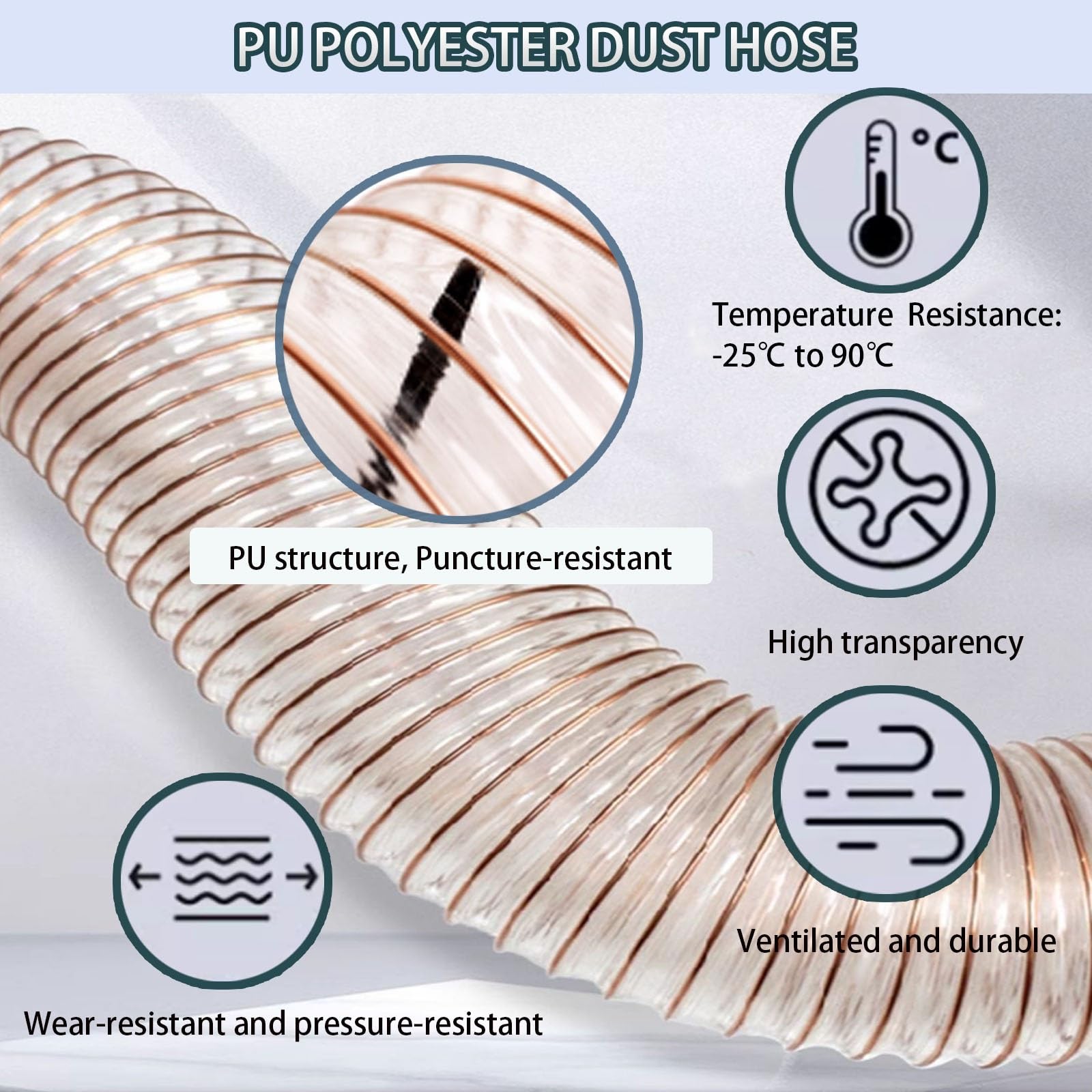 Manguera flexible transparente de recogida de polvo con alambre de acero en espiral, duradera para la gestión de desechos