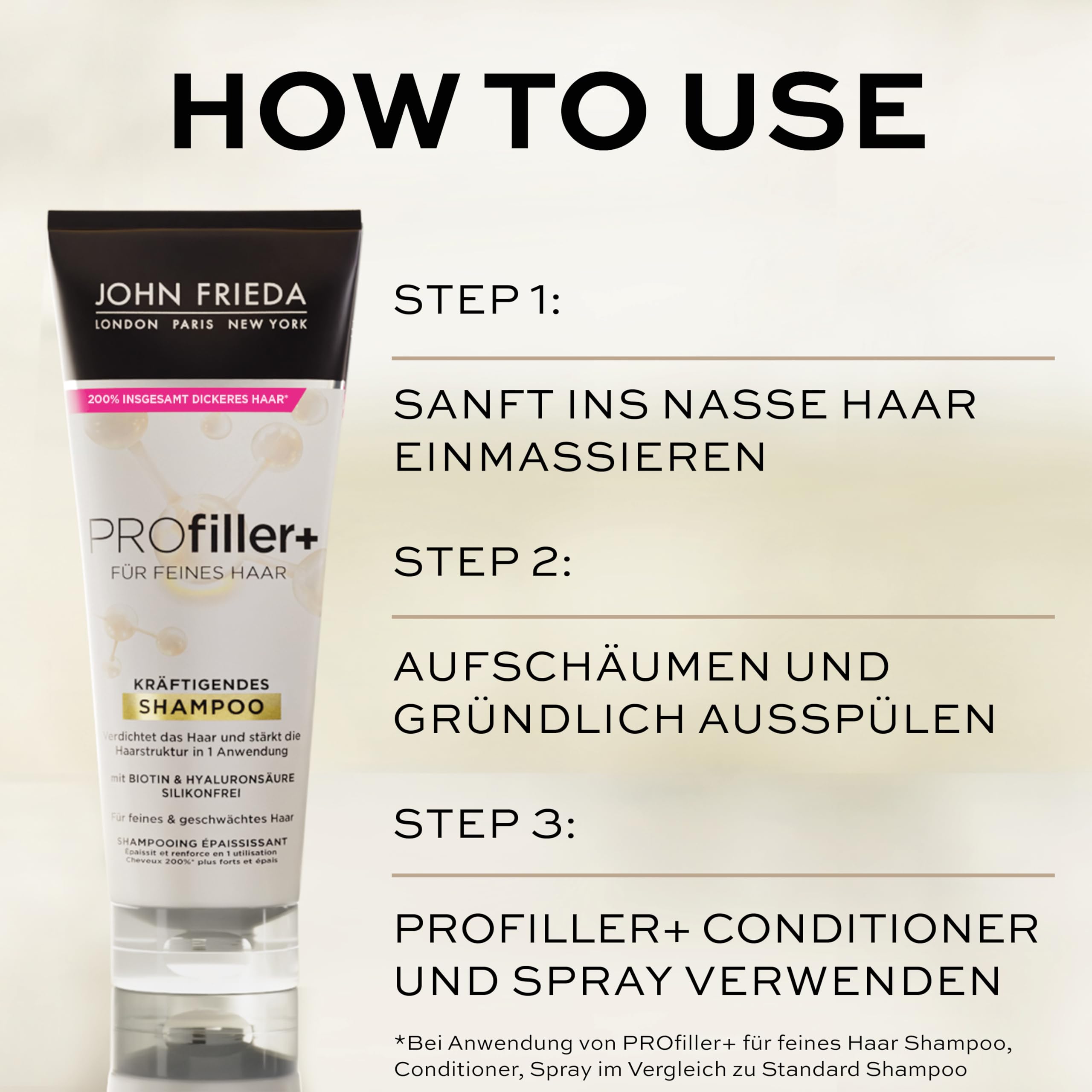 John Frieda Profiller+ zestaw korzyści – zawartość: szampon, 250 ml + odżywka, 250 ml + spray wzmacniający, 150 ml – do włosów delikatnych – z biotyną i kwasem hialuronowym