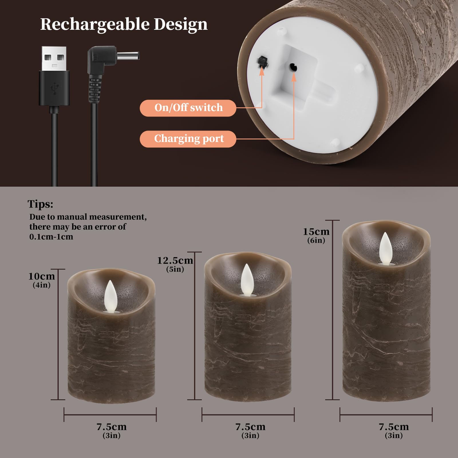 Lot de 3 Bougies LED pour Intérieur et Extérieur avec Télécommande à 10 Touches, sans Flamme, Cire Véritable, Effet Flamme Vacillante, Décoration pour Noël, Anniversaire, Mariage, Fête, Marron