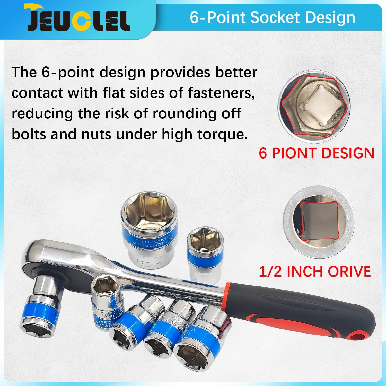 24PCS Metric 1/2 Inch Drive 6-Point Standard 8-32mm Socket Ratchet Wrench Set with Ratchet Wrench, F Bar, Extension Bars, universal joint, Car Repair Household Maintenance