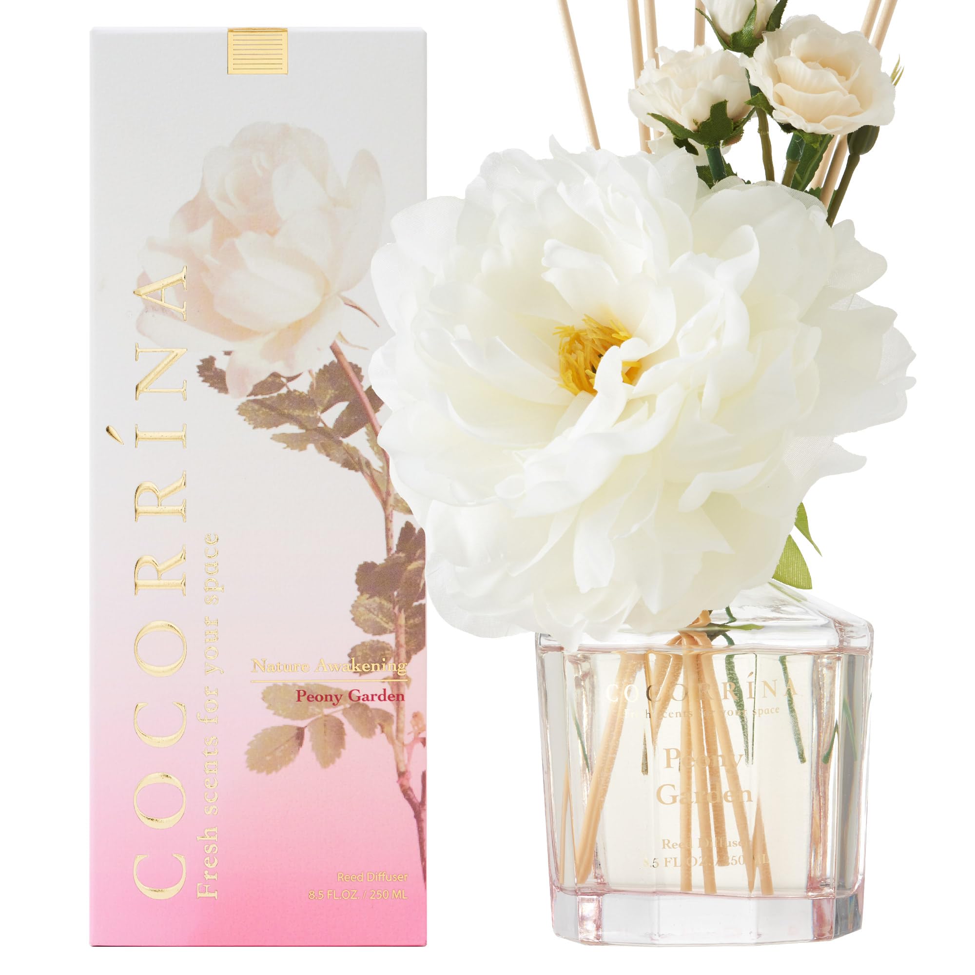 COCORRÍNA Peony Garden 250ml Flower Reed Diffuser Set with 8 Sticks, Home Fragrance for Bedroom, Office, Bathroom