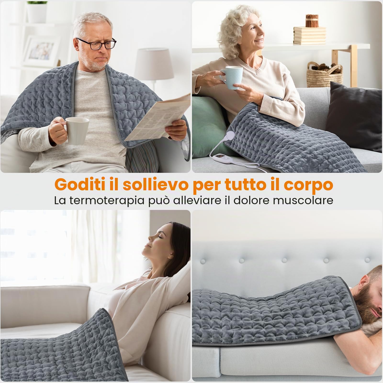 MYCARBON Termoforo Elettrico 92x50cm 6 Temperature 4 Opzioni Timer Cuscino Termico Elettrico per Schiena Cervicale Spalle Pancia Gambe Allevia Dolori Muscolari Lavabile(Grigio)