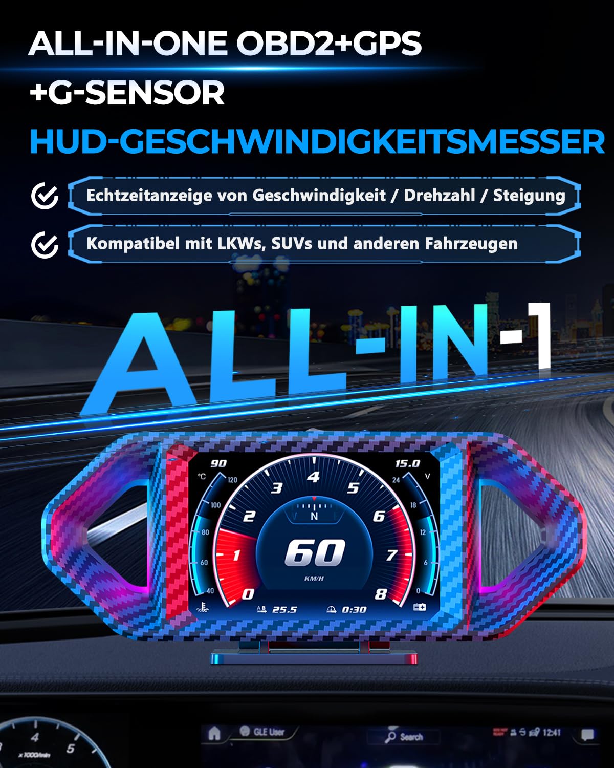GEARMONSTER Wyświetlacz Head Up OBD2 + GPS 2-w-1 Uniwersalny samochodowy HUD Cyfrowy Tachometr z wskaźnikiem obrotów i temperatury chłodziwa, z wysokościomierzem i pomiarem nachylenia i wiele innych