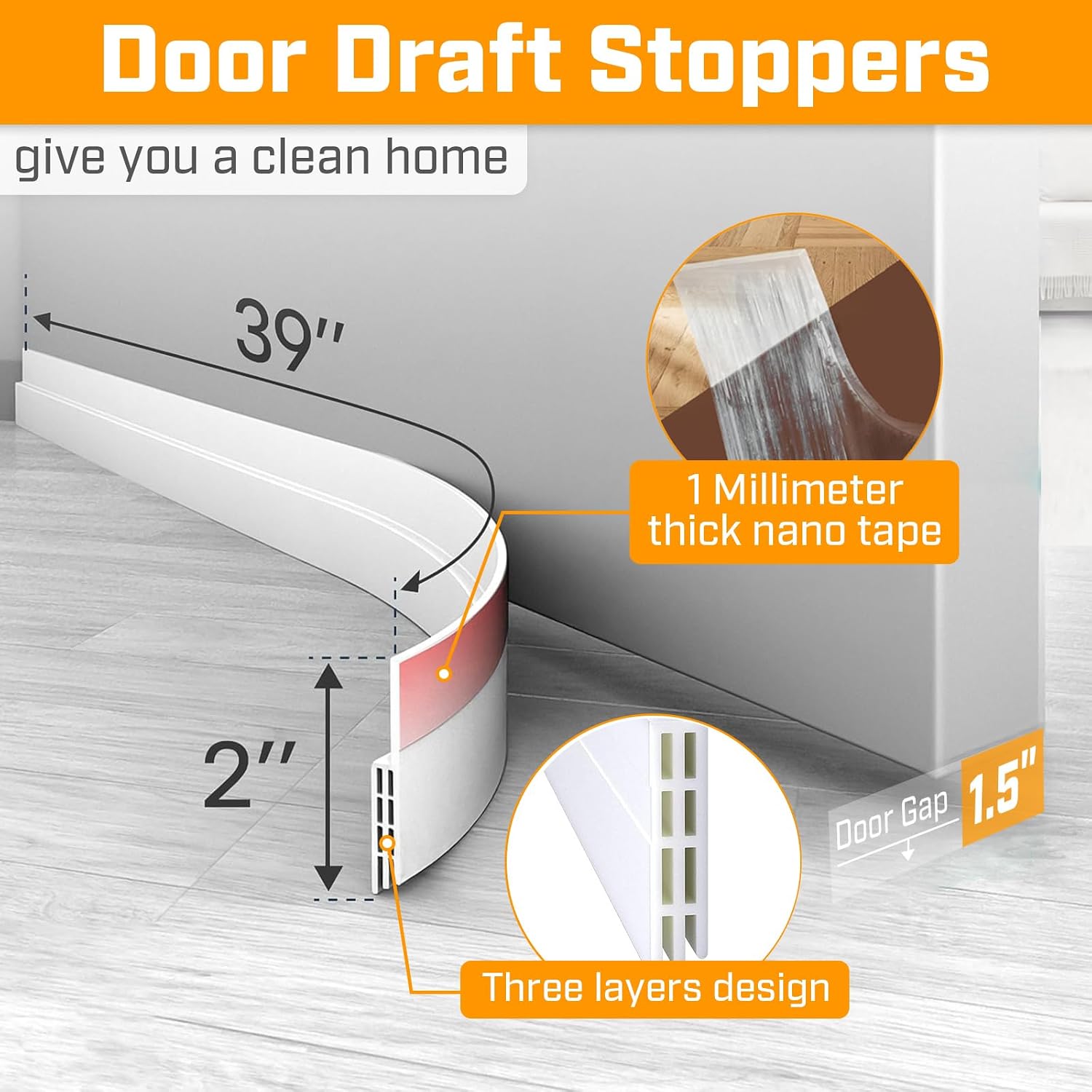 Door Draft Stopper, Door Sweep for Bottom of Door, Weather Stripping Seal, Garage Window Blocker Noise Cold Air Insulation, Installs Quickly and Easily, White 2" W x 39" L