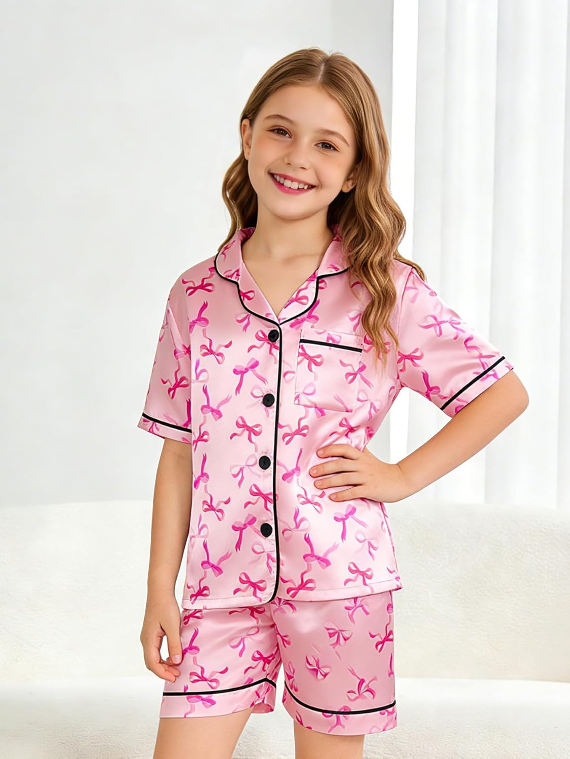 Satin Pajamas for Girls, 4-Piece Short Sleeve Button Down Silky PJ Set