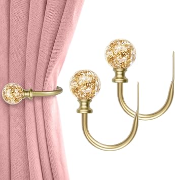 KAMANINA Gold Curtain Holdbacks 2 Pack, U Form Crystal Decorative Curtain Holdback, Wall Mounted Curtain Tieback Hooks for Fixed Curtain or Hanging Items