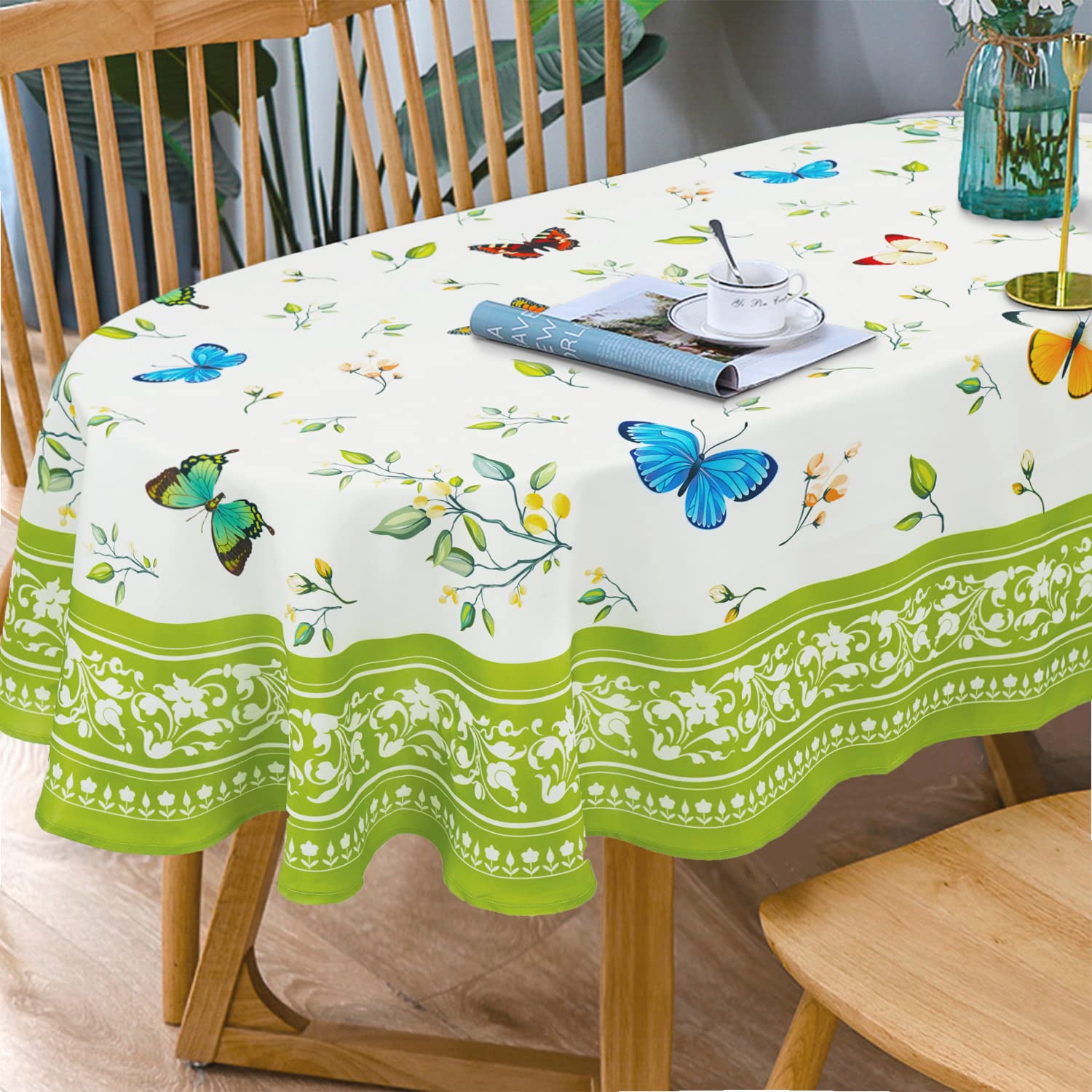 Butterfly Floral Oval Tablecloth - Fabric Indoor/Outdoor Waterproof Wrinkle Free Durable For Tables 54 X 72 In