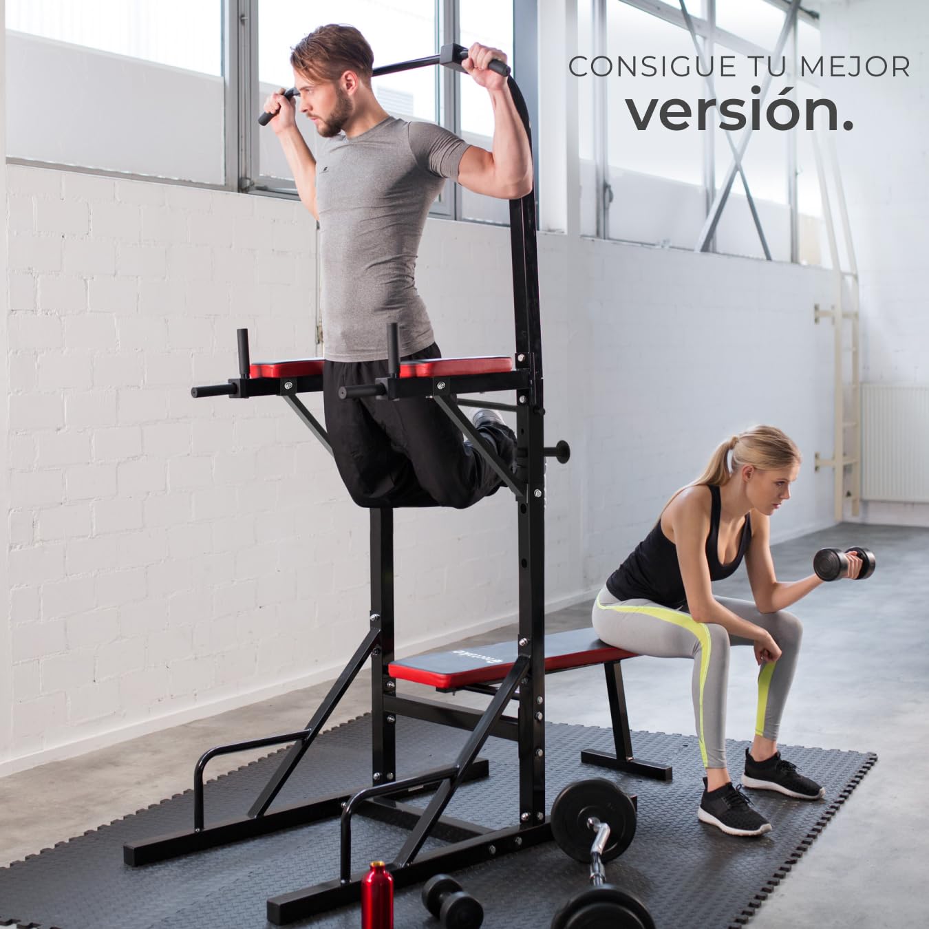 tectake® Banco Musculación Multifuncional, Plegable, Barra Dominadas, Soporte Barra Pesas, Multiestación Musculación, Gimnasio en Casa, Ejercicio en Casa, Fitness - Negro