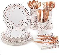 Vista 8 de Lzerking Juego de suministros para fiestas: 210 piezas de platos de papel de puntos blancos y dorados, vasos, servilletas y cubiertos resistentes