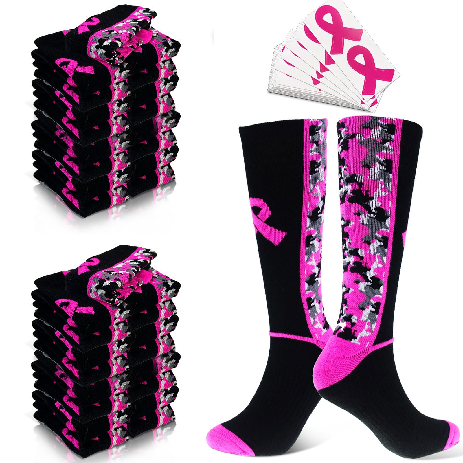2 or 24 Pairs Breast Cancer Awareness Socks With Pink Ribbon Accessories，Thick Camouflage Pink Ribbon Socks for Events