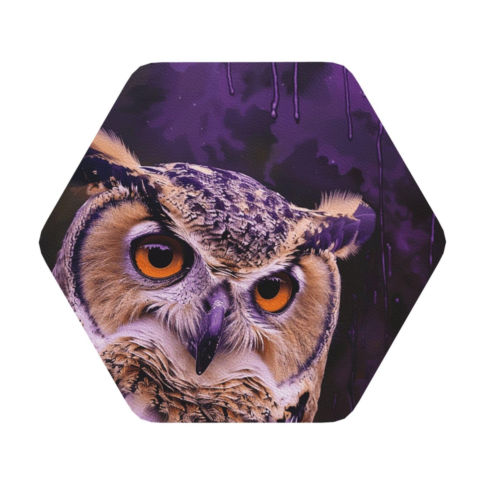 Purple Print Leather Coaster Set of 6, Hexagon Coasters Table Decorative Coffee Cup Beverage Coasters Wine Beer Bar Coasters for Hot Drinks Table Protection