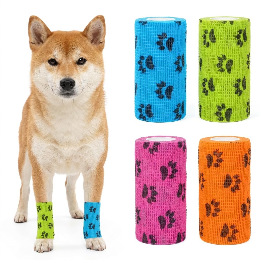 qpets® pack dog anti dirty bandages self adhesive non woven elastic pet recovery wrap paw print support for cats and dogs