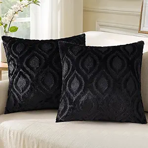 decorUhome Fall Throw Pillow Covers 16x16 Inch Set of 2, Soft Plush Decorative Faux Fur Black Solid Couch Pillow Covers, Accent Farmhouse Neutral Square Euro Pillow Cases for Sofa Bed Living Room