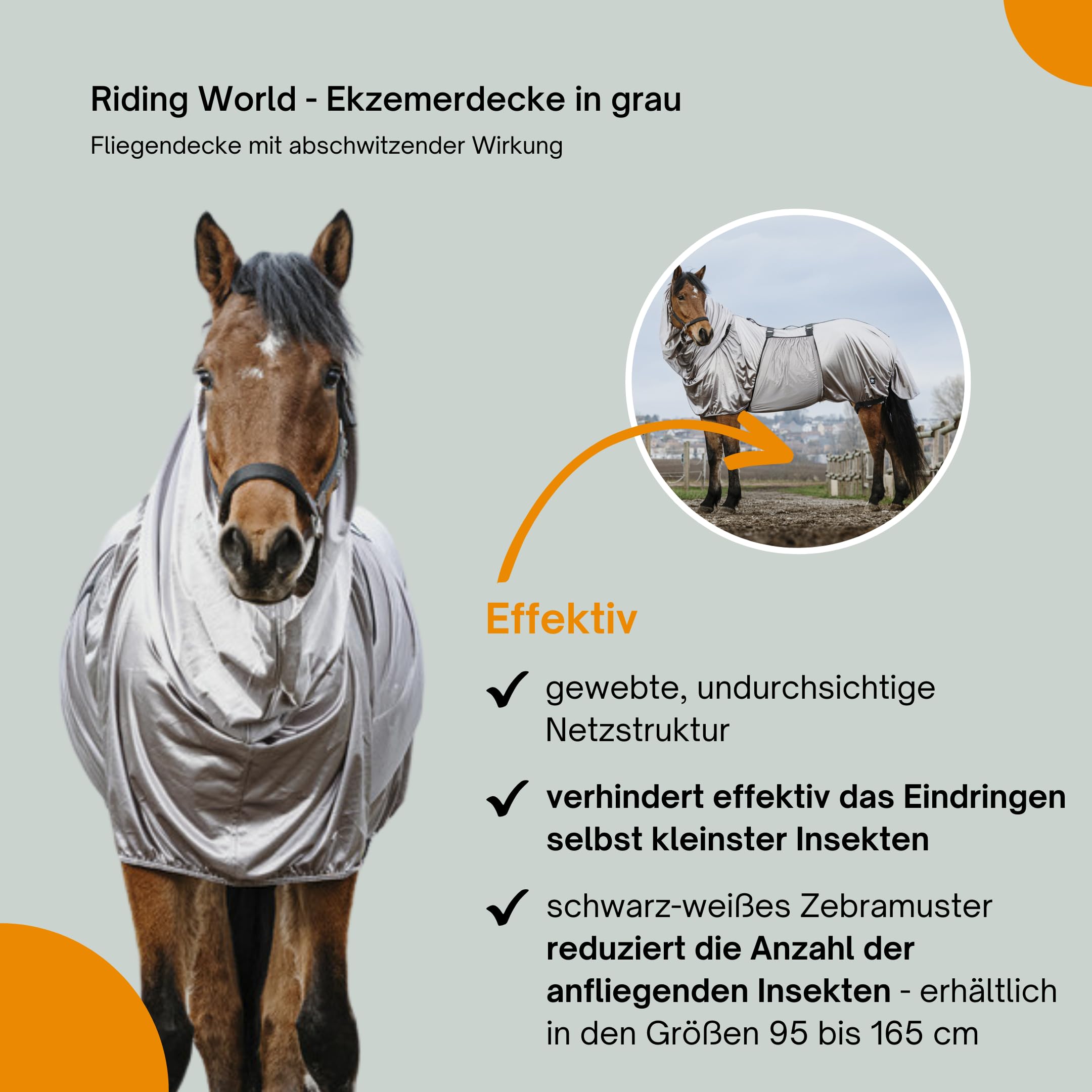 Riding World - Ekzemerdecke | Fliegendecke mit abschwitzender Wirkung | Pferdedecke mit Bauchlatz & verstellbaren Riemen & Bändern | Abschwitzdecke Pferd & Pony | Stalldecke in Grau | 145 cm