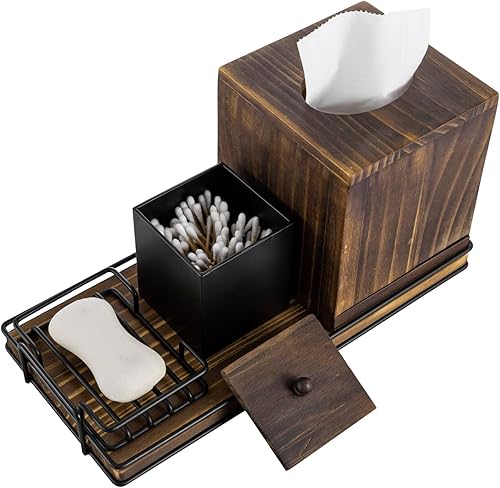 Miniatura 5 de MyGift Juego de 4 accesorios de baño, madera quemada rústica y metal negro mate industrial - Funda para caja de pañuelos, jabonera, soporte para