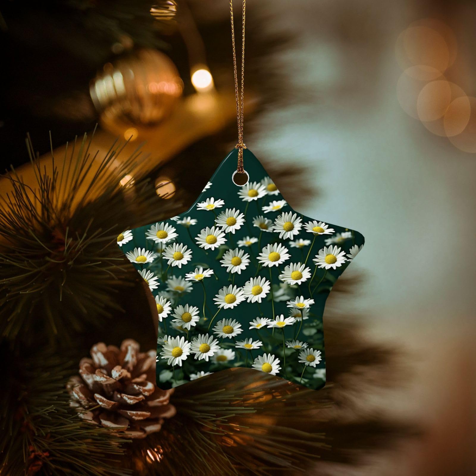 Christmas Tree Ornaments Ceramics Christmas Decorations Green Daisy Background Ornaments with Gold Ribbon Porcelain Xmas Tree Crafts Star Shape Hanging Pendant for Christmas Tree Party Decor