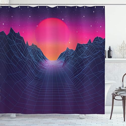 Miniatura 1 de Ambesonne Synthwave Shower Curtain, 80's Artwork Illustration of Grid Mountains and Sun Ombre Sky, Cloth Fabric Bathroom Decor Set with Hooks, 69" W