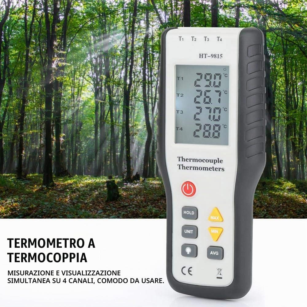 Akozon Termocoppia termometro digitale HT-9815 4 canali, sensore termocoppia tipo K, termometro, LCD a lettura istantanea con sensore sonda -328 ° F ~ 2501 ° F (- 200 ° C ~ 137