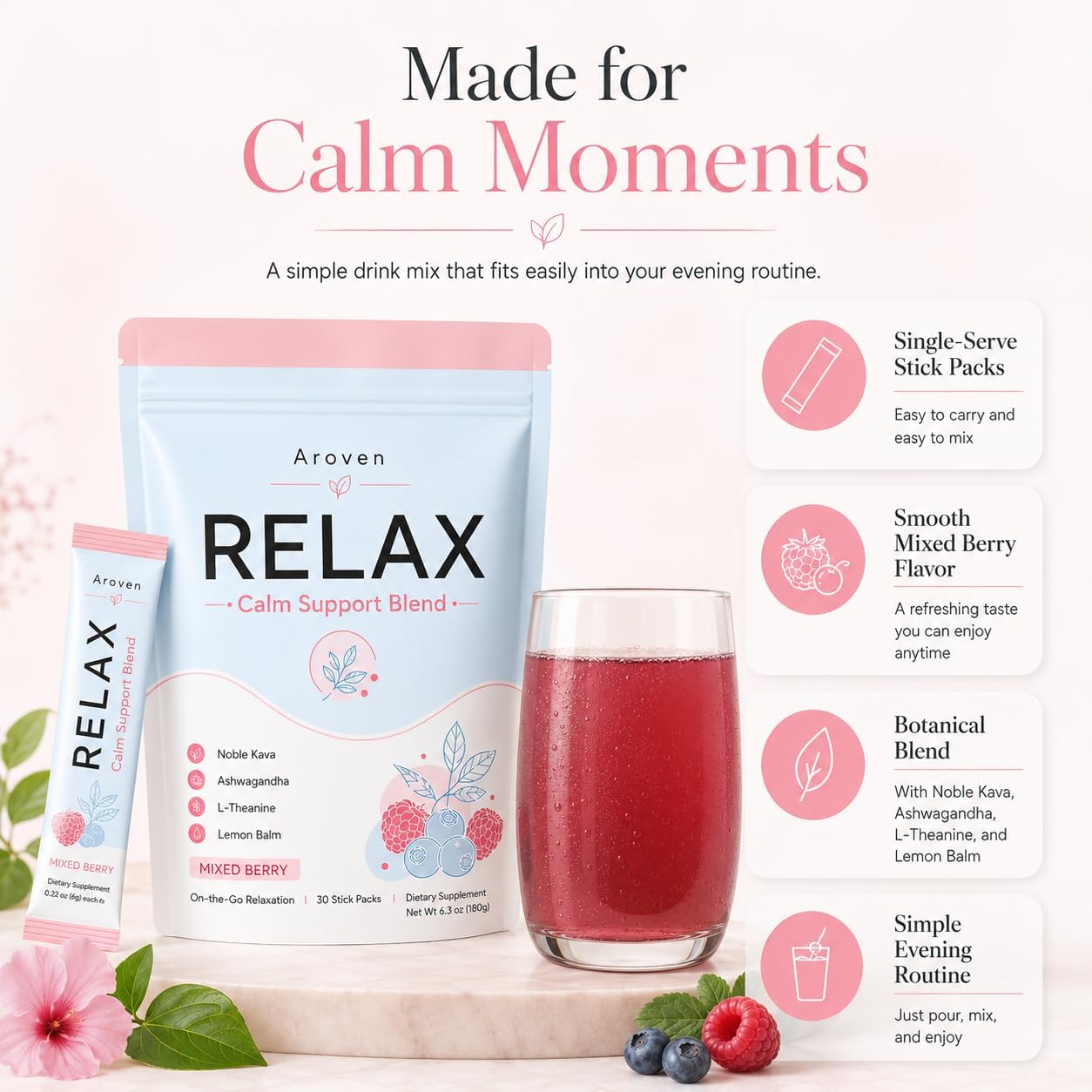 Relax Calming Drink Powder, Mixed Summer Berries, 30 Packets | Natural Stress Relief Mix, L-Theanine, Sugar-Free