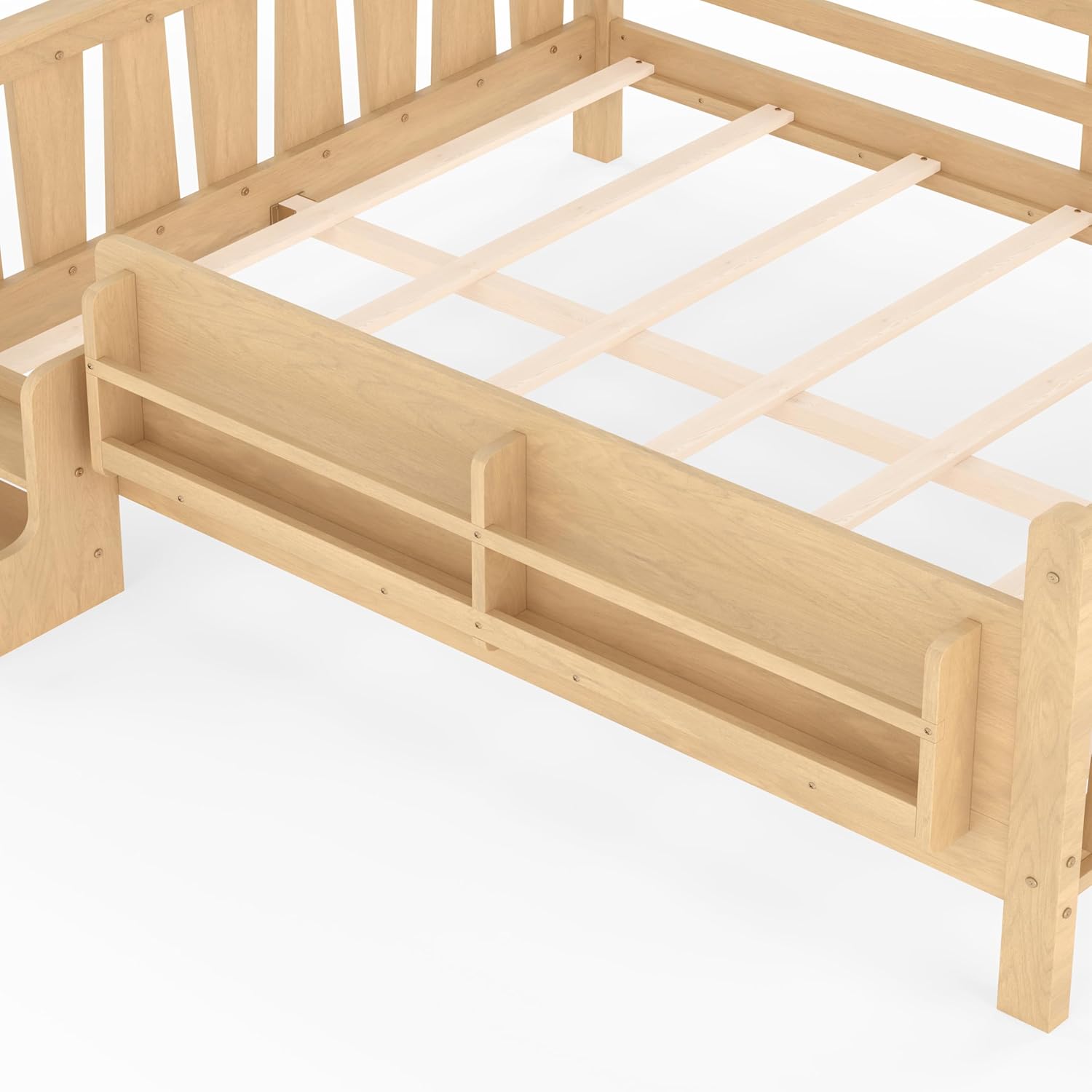 LUMISOL Queen Size Platform Bed Frame for Kids, Solid Wood Bed Frame with Bookshelves and Stairs, No Box Spring Needed, Light Natural