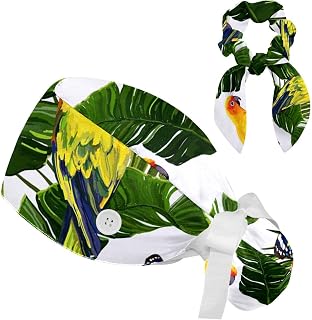 FVQL 2 Pieces Surgical Cap for Long Hair Scrub Cap with Hairband Nurse Cap, Birds and Butterflies