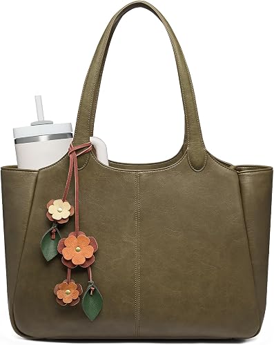 LOVEVOOK Leather Tote Bag for Women, Work Shoulder Bag with 40oz Cup Holder | Teacher Nurse Bag, 14" Computer Bag, Light Interior, 6 Pocket Organizer, Detachable Floral Charm, Everyday Carryall