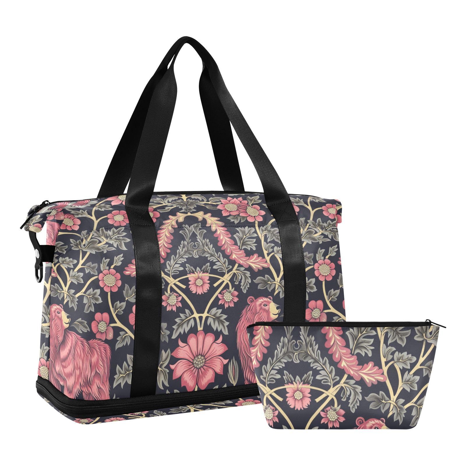 William Morris Style Niedźwiedź Brzoskwinia Ciemnoniebieskie Torby weekendowe z mokrą kieszenią Regulowany pasek Sportowa Torba na siłownię do samolotu Podróżowanie Wodoodporna dla mężczyzn kobiet