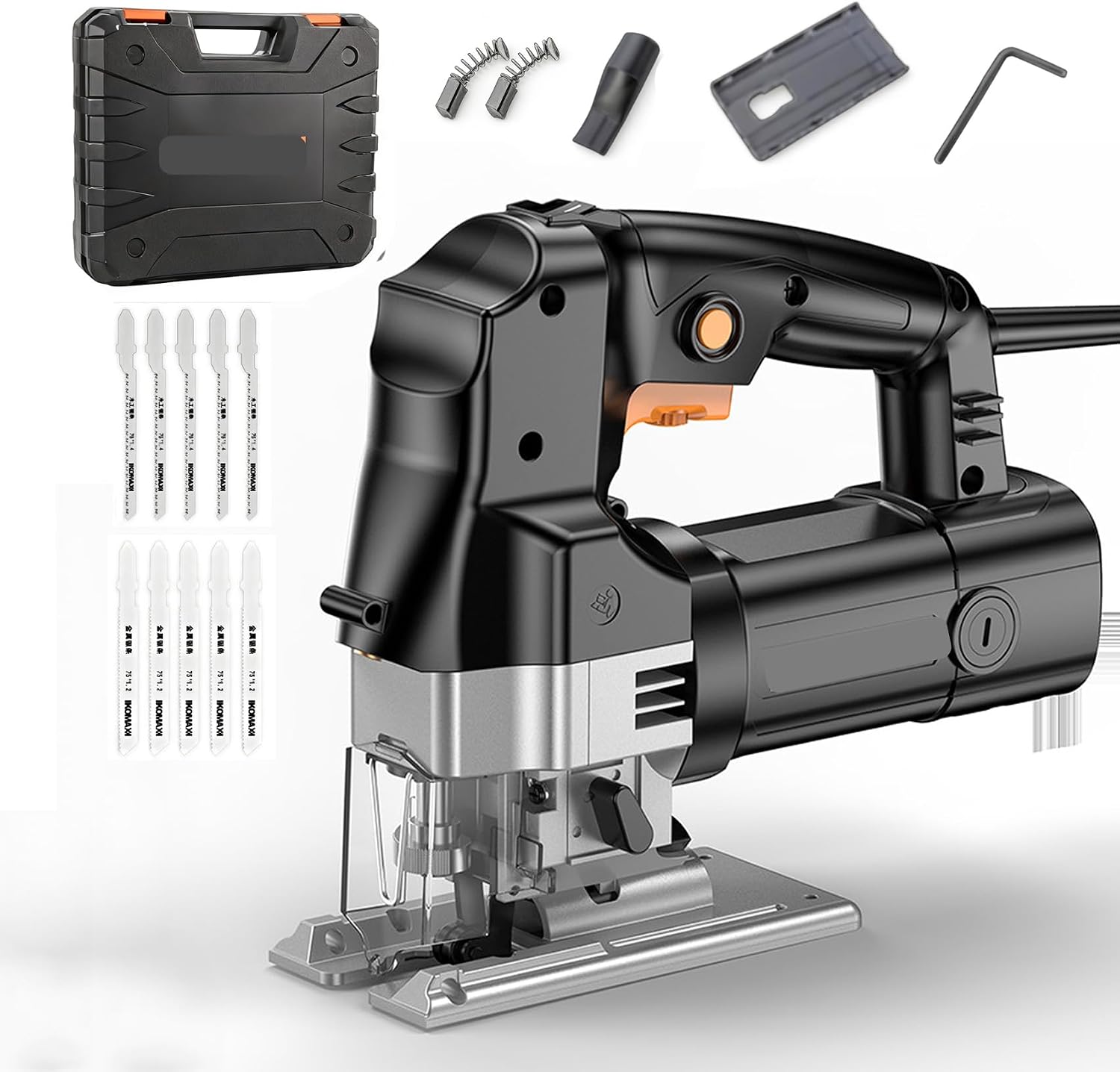 Jigsaw, 900W Corded Electric Jig Saw Tool Kit with Infinitely Variable Speed, 5 Blades, ±45° Bevel Cutting, 3500r/min, 4 Orbital Settings, Tool-free Blade Changing