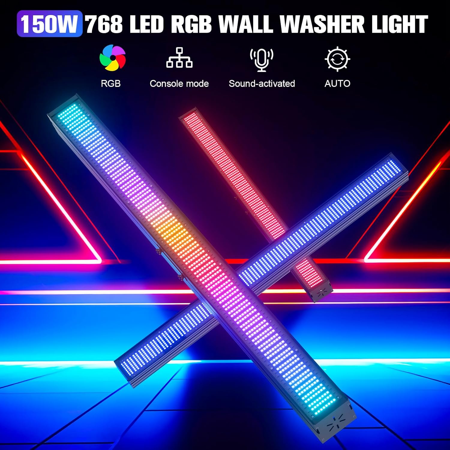 A WZYBUTA 150W RGBW LED Stage Wash Light Bar displaying various modes including RGB, Console mode, Sound-activated, and Auto mode.