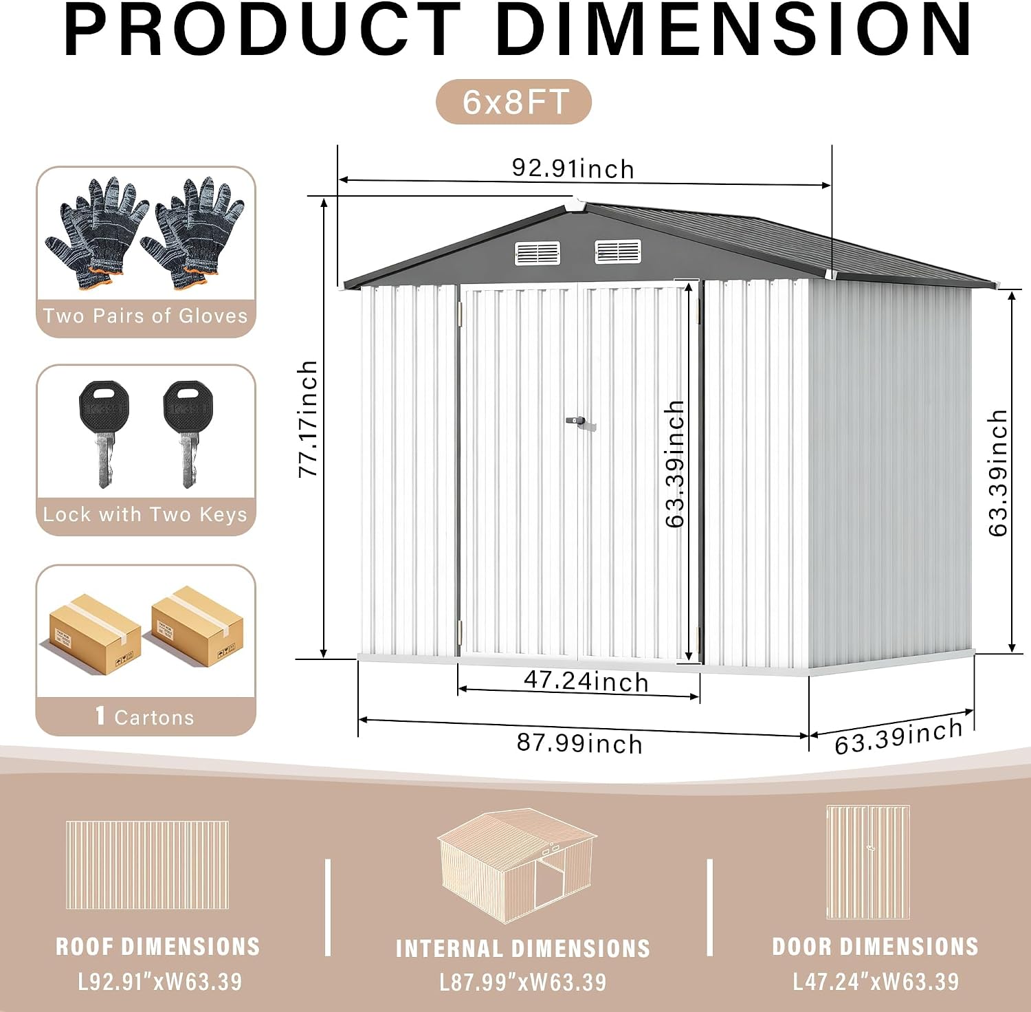 6x8 FT Metal Outdoor Storage Shed – Heavy-Duty Galvanized Steel Garden Tool Organizer with Lockable Door & Air Vents – Weather-Resistant Utility Shed for Backyard, Patio, Lawn – White
