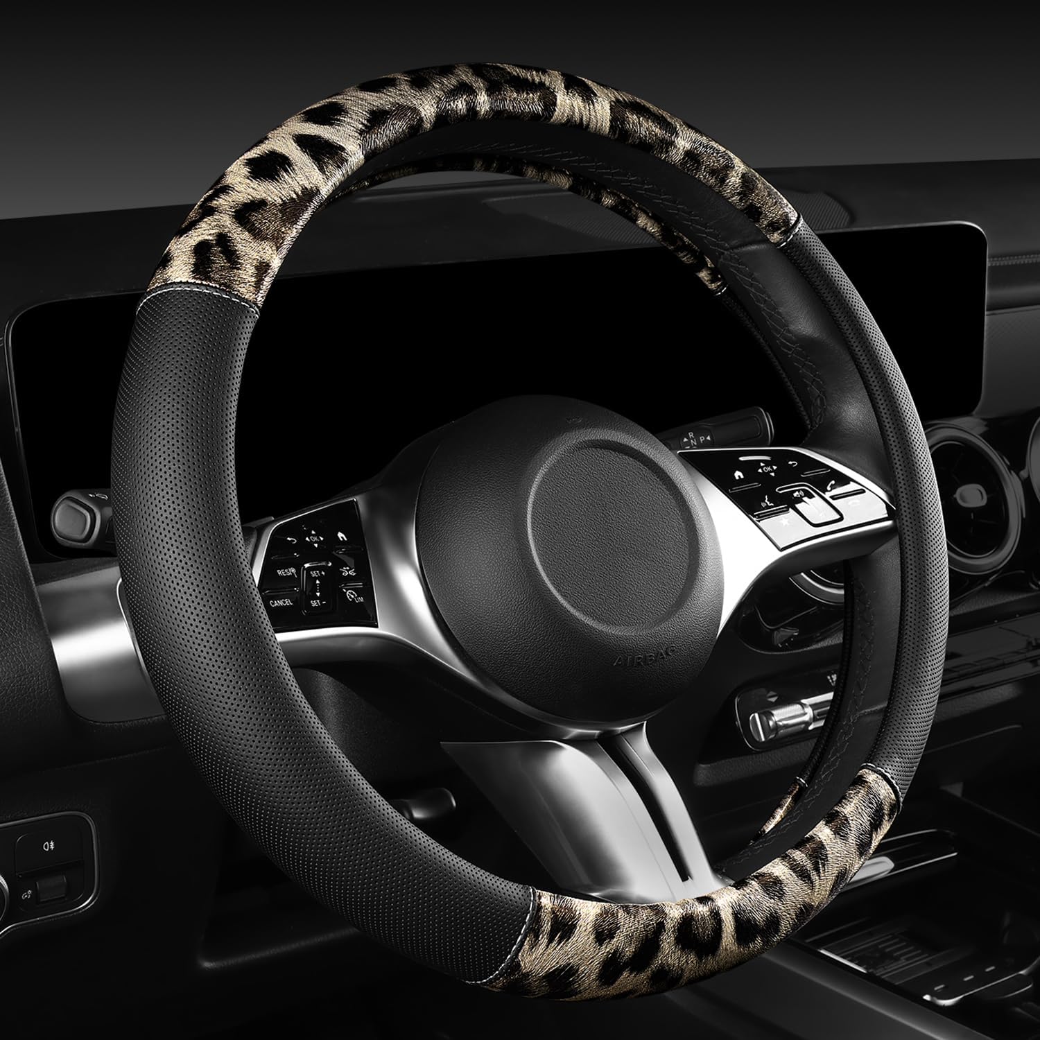 CAR PASS Leopard Print Faux Leather Car Seat Covers & Leopard Car Mats&Leopard Steering Wheel Cover Seat Belt Universal Car Accessories for SUV,Van,Saden,Truck Automobile Interior Sets(Gold Black)